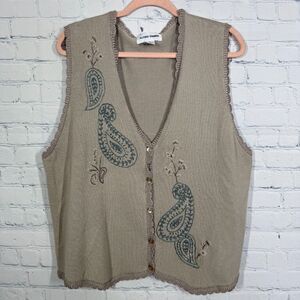 VTG Alfred Dunner Sweater Vest XL White Embroidered Beaded Cottage Granny Chic